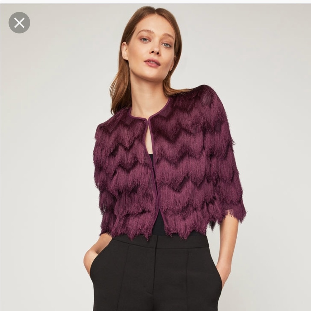 BCBG Jaxon fringe jacket in burgundy